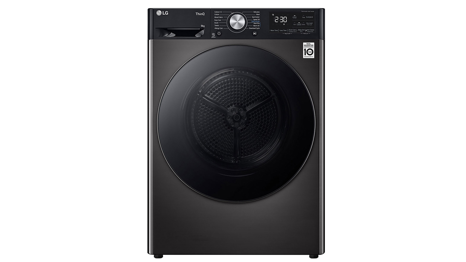Image of front view of black lg dual inverter heatpump dryer.