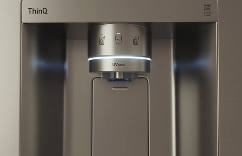 LG refrigerator water and ice dispenser with UVnano and ThinQ control panel representing smart fridge technology