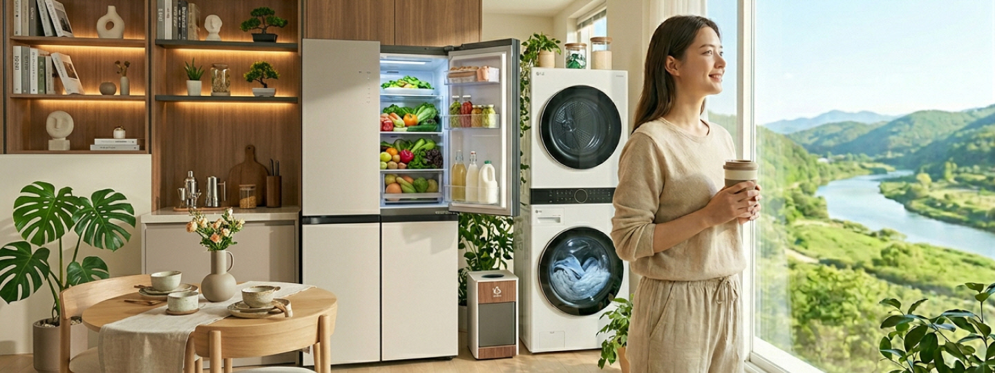 LG refrigerator open with fresh produce in a bright natural wood kitchen, beside a large window with plants and soft daylight.