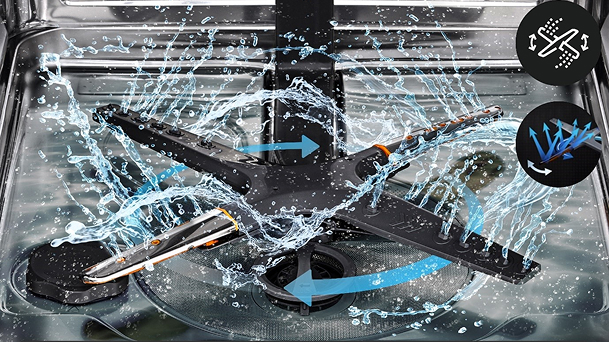 LG dishwasher QuadWash spray arms cleaning dishes from multiple angles to illustrate efficient washing performance