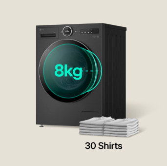 LG 8kg black washing machine with '8kg' displayed on the front panel. Stacked shirts beside the machine illustrate its capacity to handle up to 30 shirts in one load.