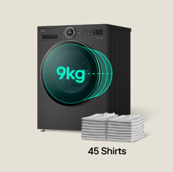 LG 9kg black washing machine with '9kg' displayed on the front panel. Stacked shirts beside the machine illustrate its capacity to handle up to 45 shirts in one load.