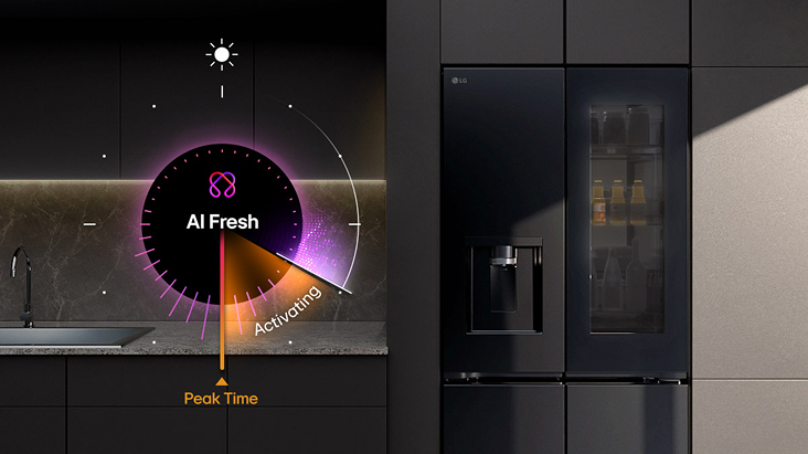LG refrigerator with AI Fresh feature illustration showing a circular graph that adjusts cooling in advance of peak usage time