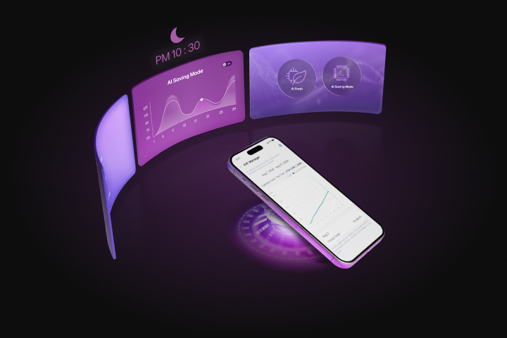 Smartphone displaying LG ThinQ app analytics with floating purple interface panels showing AI Saving Mode graph and feature icons