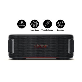 LG XBOOM speaker with AI sound modes including Bass Boost, Voice Enhance, and Standard