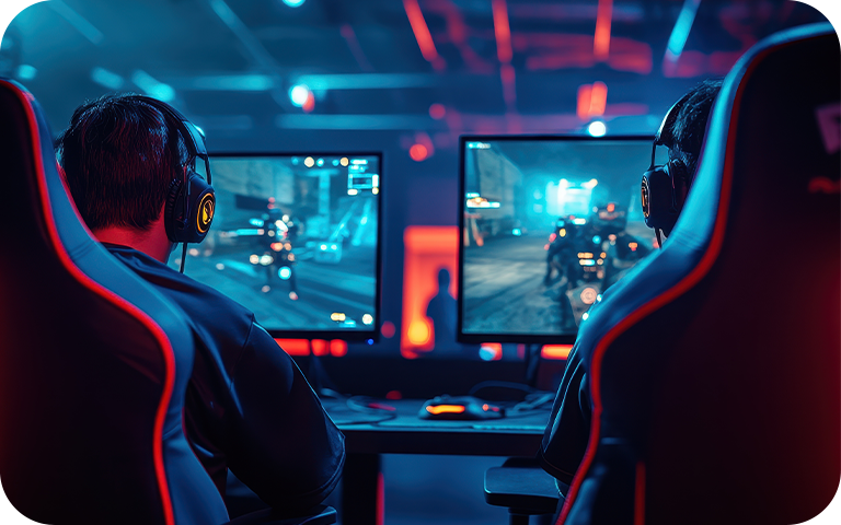 Two men wearing headphones playing a shooting game, showcasing 144Hz 4K gaming monitors and 240Hz 4K gaming monitors