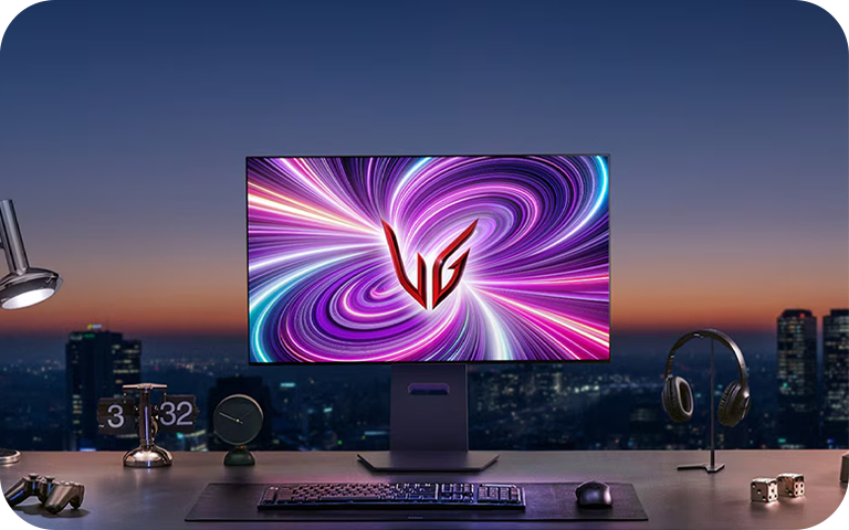 t 32" UltraGear™ Dual-Mode 4K OLED gaming monitor showcasing a sleek design, ideal for immersive gaming experiences.