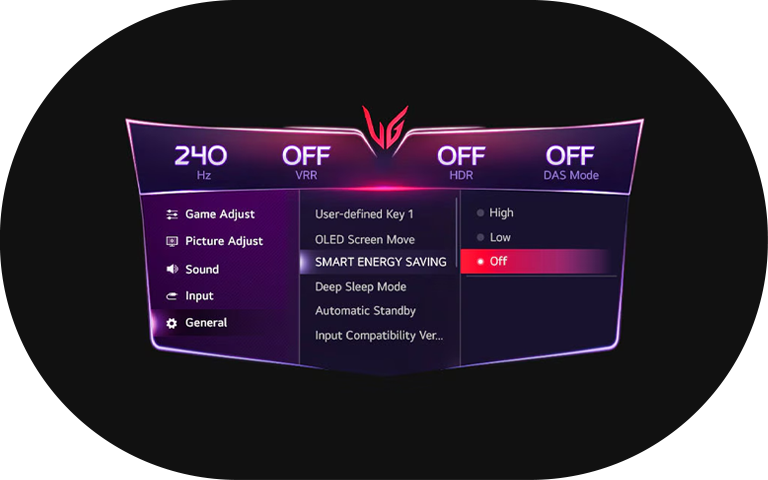 LG monitor screen displaying settings, showing the Smart Energy saving option for brightness adjustment.