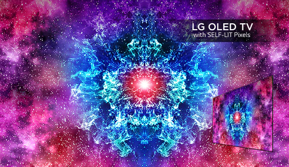 A brightly colored screen contrasts starkly with a black backdrop on LG OLED TV with SELF-LIT Pixels. The screen shows bright shades of pinks and blues in an abstract pattern.
