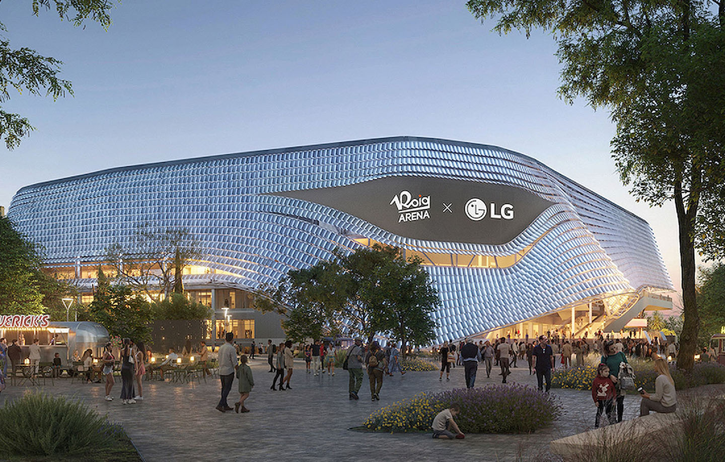 An expansive screen on the facade of the Roig Arena, Spain's largest indoor arena, displaying the logos of the stadium and LG.