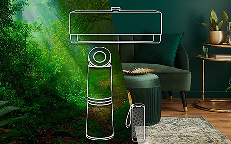 The outlines of LG air conditioner and air purifier with photos of a living room and a forest as the background.