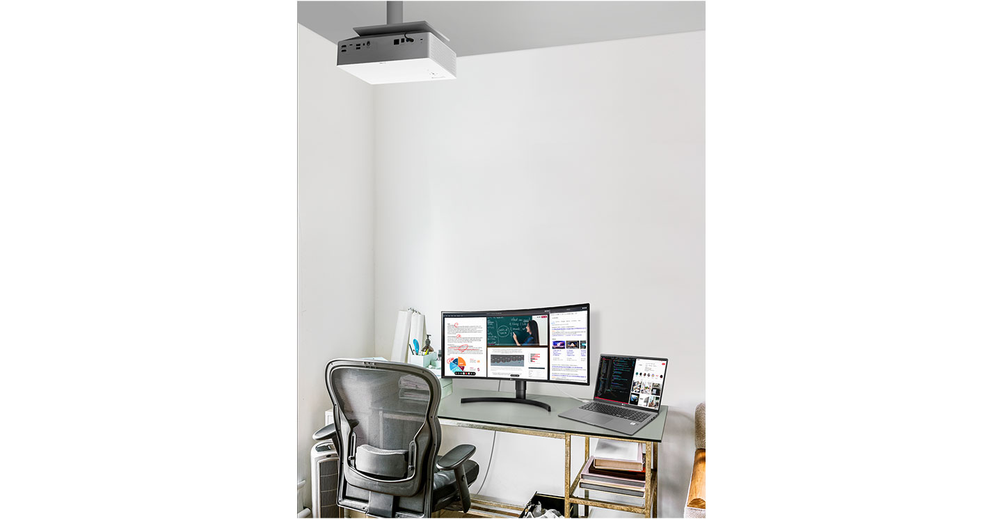 A simple home office uses LG's projector, monitor and gram laptop to create the most convenient working environment.
