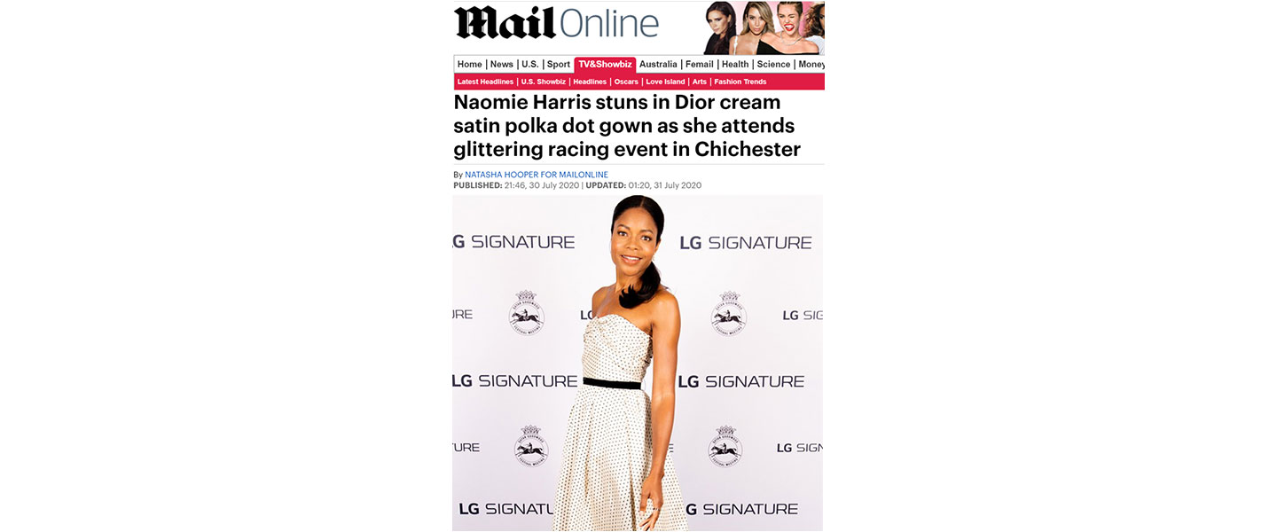 British actress Naomie Harris shown attending LG SIGNATURE’s Goodwood event in an article on the MailOnline’s TV and Showbiz section