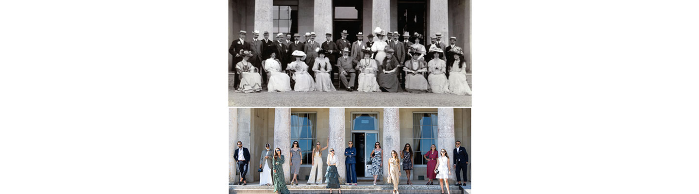 Stylish models try to recreate an iconic photo from the 1800s on the front steps of Goodwood House