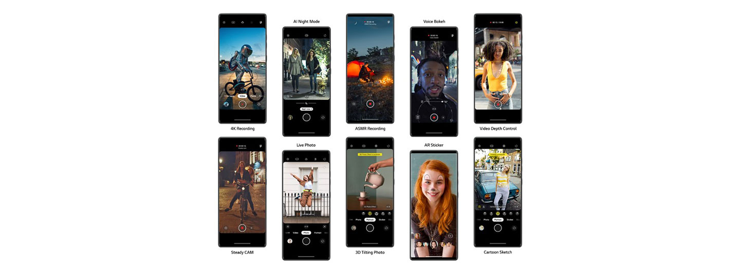 Ten images of LG WING’s front to highlight ten of its unique camera functions