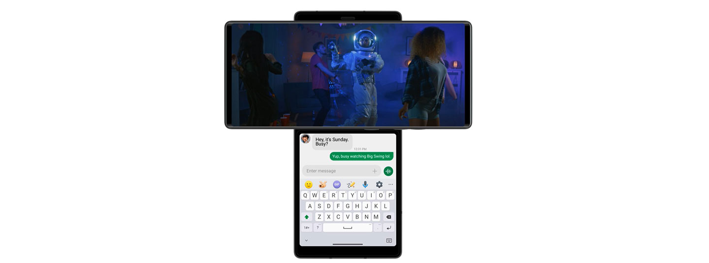 LG WING in its Swivel Mode allows users to send text messages on the Second Screen while simultaneously watching a video on the main display