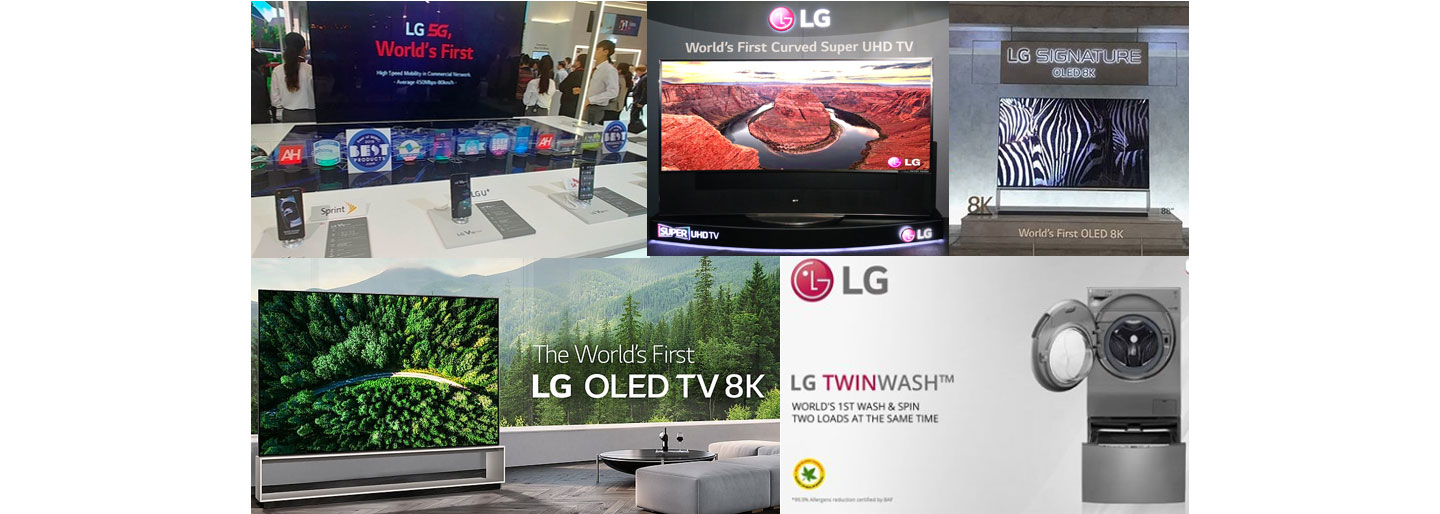 A five-picture collage showing LG's world’s-first technological achievements, including the first 5G smartphone, curved UHD TV, 8K OLED TV and washing machine with TwinWash technology