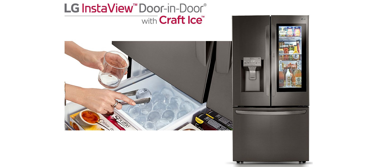 A promotional image shows someone picking up balls of ice for their drink from LG's InstaView Door-in-Door Refrigerator with Craft Ice