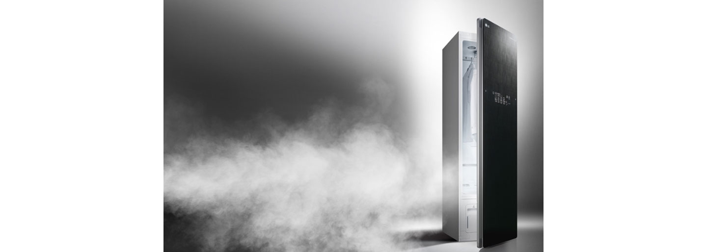 A promotional image of the LG Styler with its door slightly open and lots of steam escaping from inside