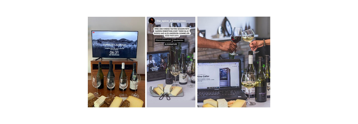 Images of guests setting up their Good Pair Days box of selected wines and artisan cheeses at home, as they watch the event through their TVs and laptops