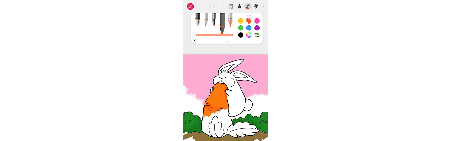 A screenshot of LG VELVET’s art-inspired app showing someone’s half-finished picture of a rabbit eating a carrot and the many drawing tools to choose from above