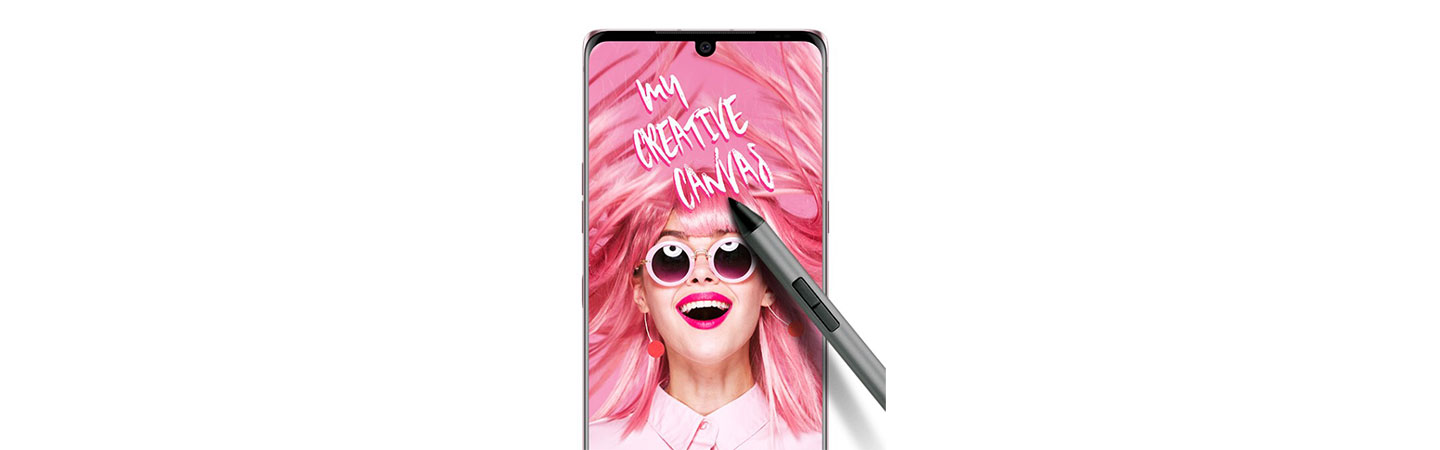 LG VELVET displaying a promotional image featuring a model with overflowing pink hair and the phrase - ‘my creative canvas’, while its active pen lays on top