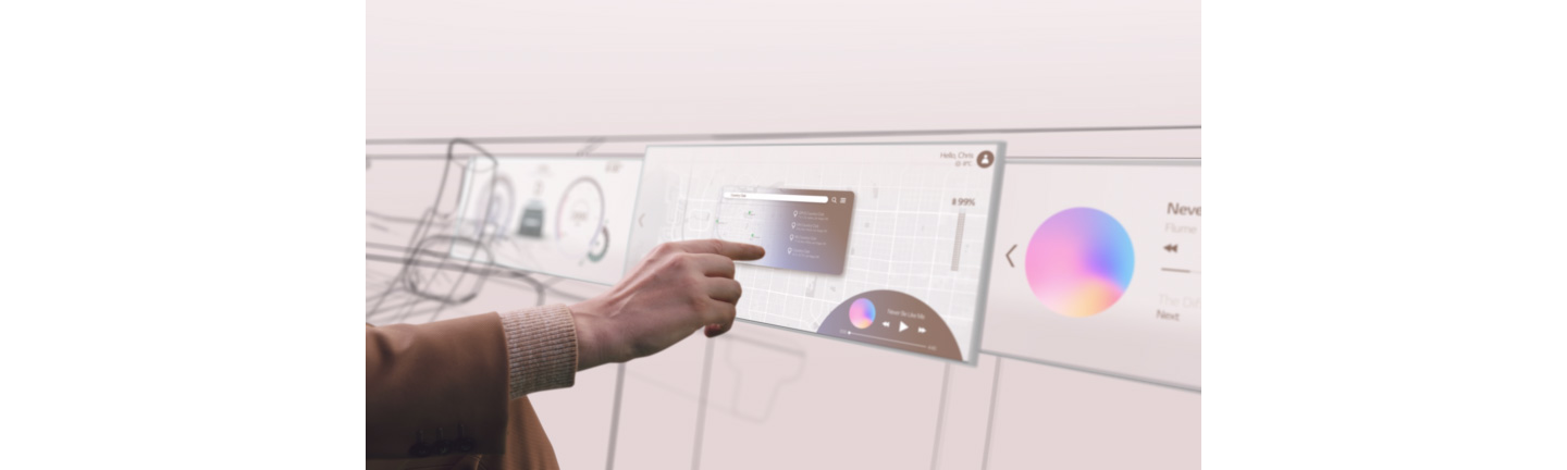 A screenshot from LG VS’s online concept video showing a driver using the digital screen inside the LG-designed digital cockpit.