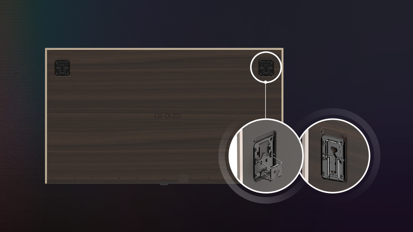 A rear view of the LG OLED evo W6 Wallpaper TV highlights the folding bracket at the corner.