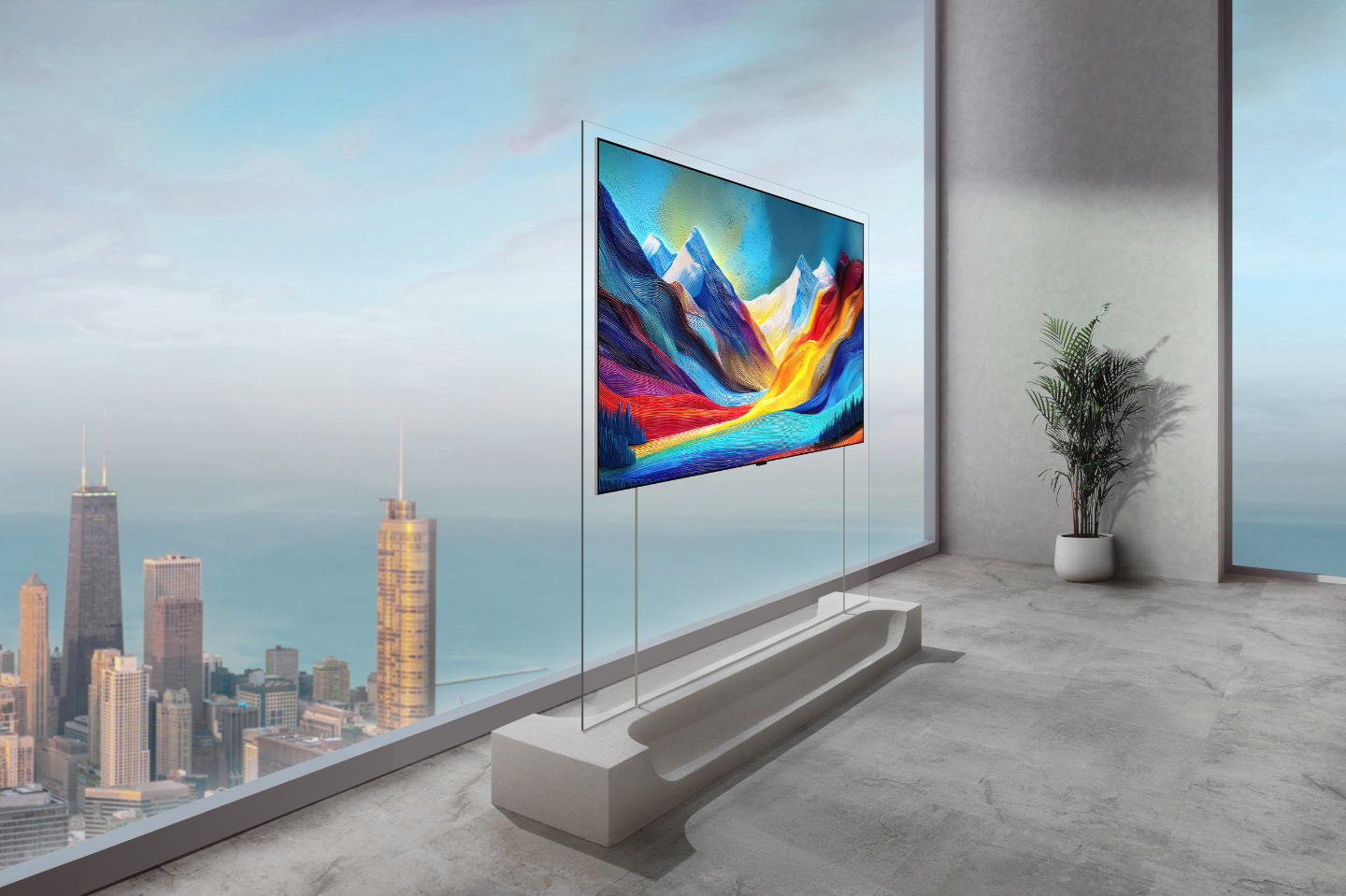An LG OLED evo W6 Wallpaper TV is attached to a transparent floor stand, displaying a bold abstract mountain landscape painting against a panoramic city skyline.