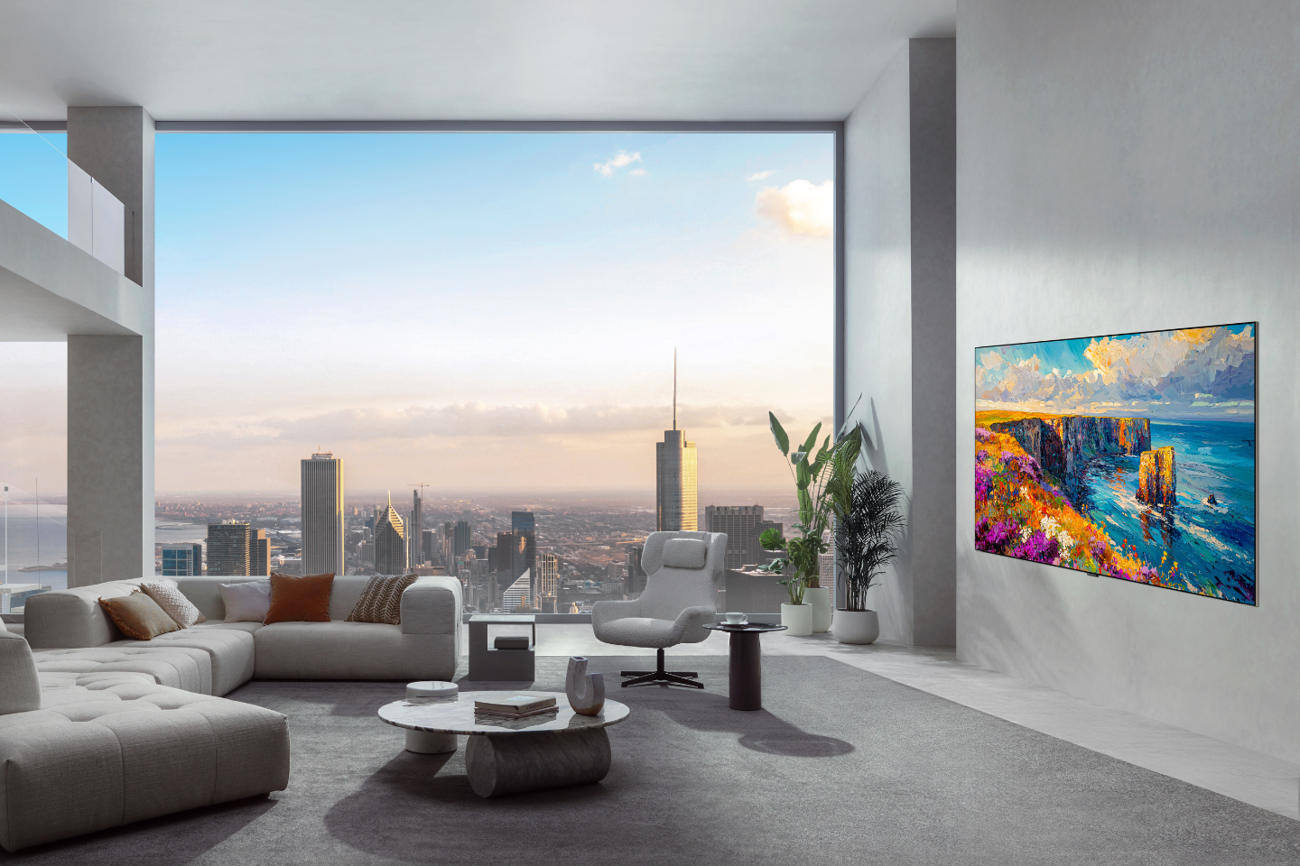 An LG OLED evo W6 Wallpaper TV displaying a colorful coastal landscape is mounted to the wall in a modern living space overlooking a city skyline.