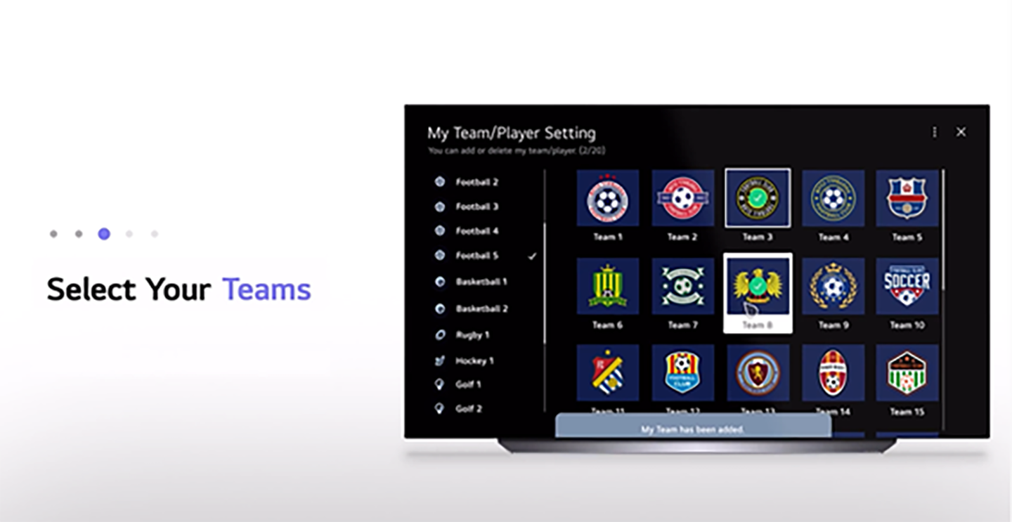 An LG TV on the My Team/Player Setting page which lets sports lovers pick their favorite teams for live match alerts