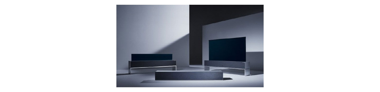 A view of LG SIGNATURE OLED TV R model 65R9 on display in its three different viewing options