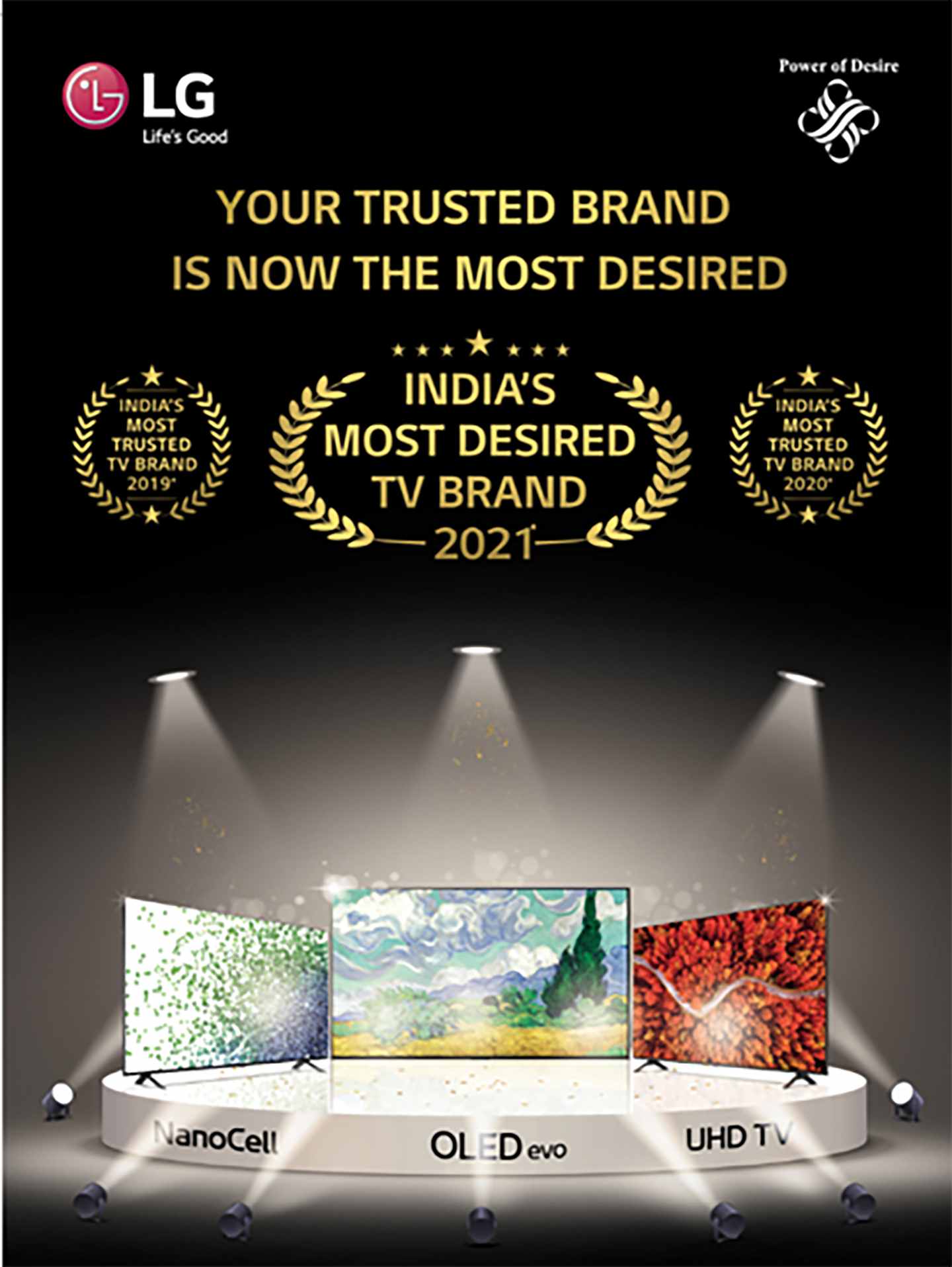  A poster celebrating LG as TRA's Most Desired TV Brand for 2021 with its NanoCell, OLED evo and UHD TVs proudly displayed.