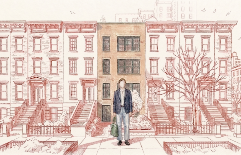 Hand-drawn illustration in warm sketch tones: a man carrying a bag arrives home to a row of brownstone buildings on a quiet city street. The building behind him transitions from a monochrome line drawing into full color, representing the moment an ordinary evening at home comes to life. The LG AI logo appears in the lower right corner.