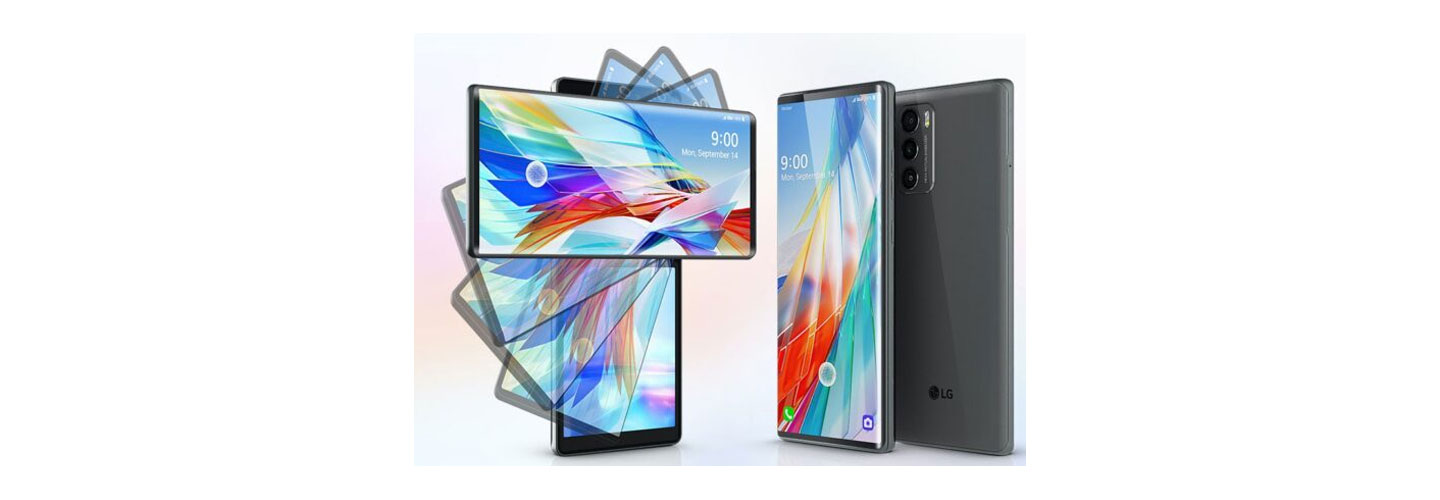 A still image showing the process of LG WING rotating 90 degrees to form two screens, next to a front and rear view of the device in its standard mode