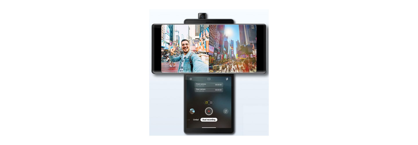 LG WING’s Dual Recording mode lets a man record himself on the famous Times Square steps via the pop-up camera while simultaneously filming the square from its rear camera
