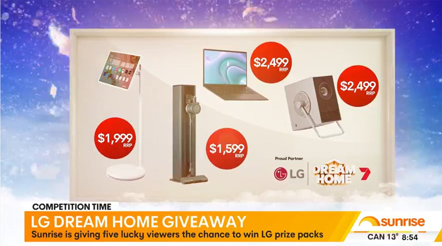 An image of the television channel screen of Sunrise on Channel Seven showing LG Dream Home-related content