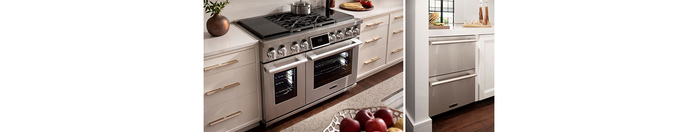 The luxurious chef's kitchen of the TNAR showhome featuring LG's Signature Kitchen Suite including various built-in appliances.