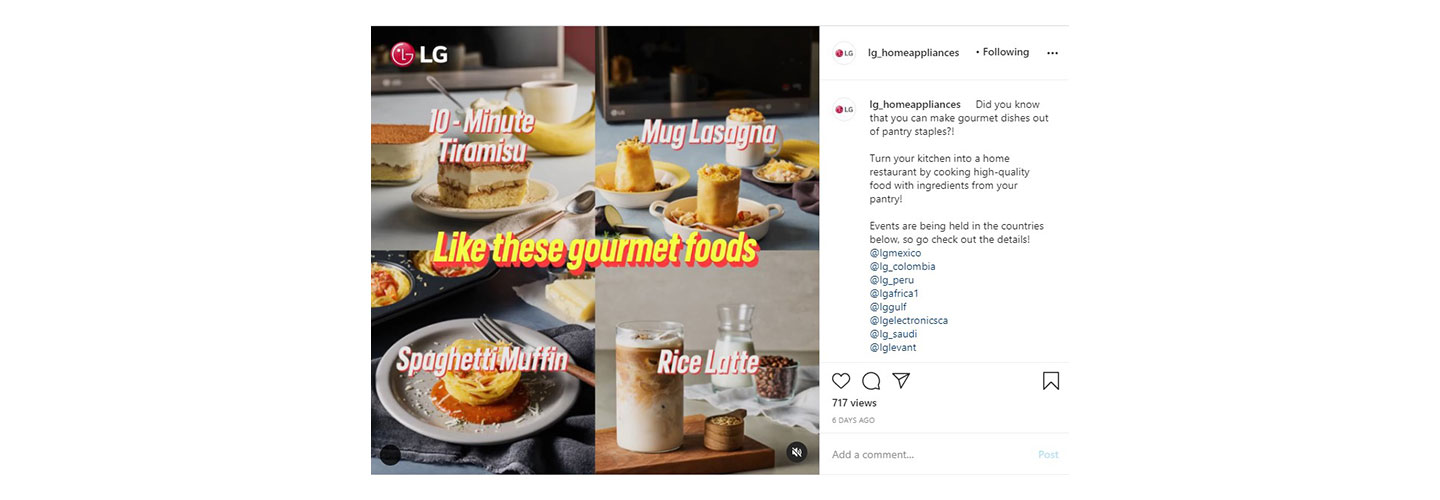A screenshot of LG Home Appliances’ Pantry Dish Challenge post on Instagram which shows four gourmet foods you can make at home