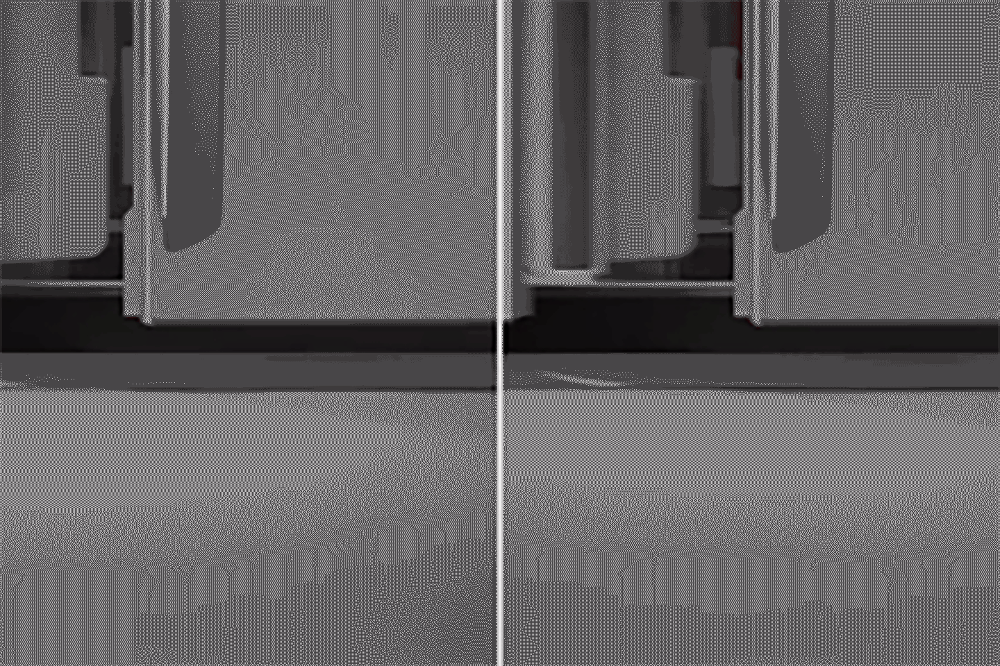 A comparison of two gifs of the LG refrigerator models with slam-resistant door and non-slam-resistant door
