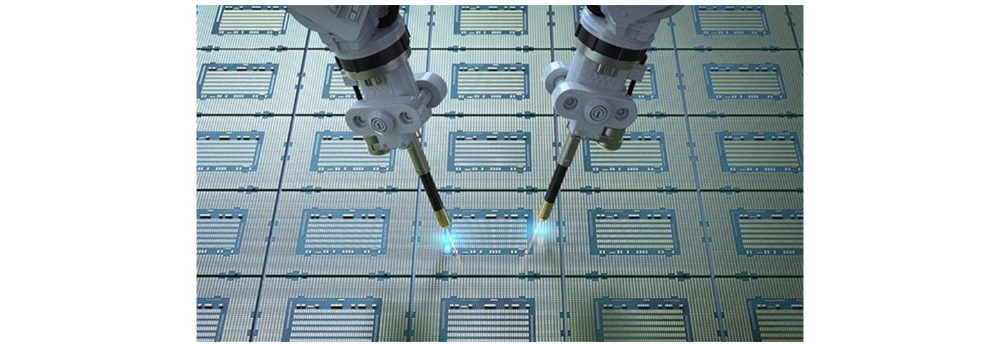 Semiconductors being fabricated by two robots 