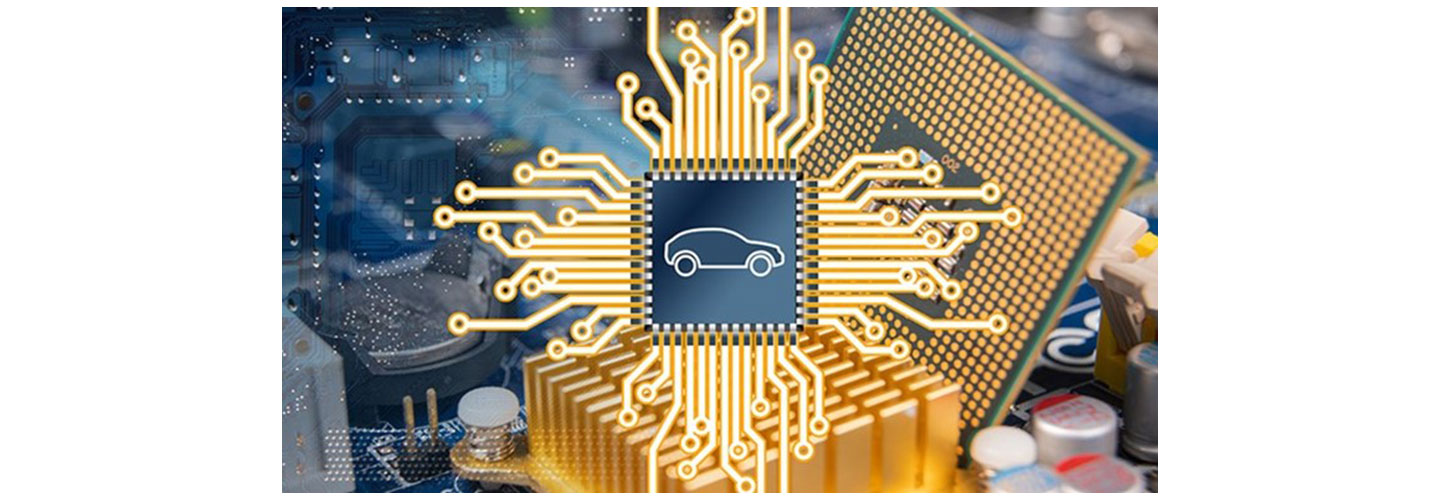 Semiconductor with a shape of a car engraved and having a picture of a production site on the background