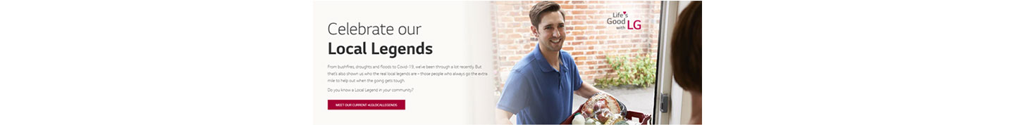 A screenshot of the online gateway to LG's website, featuring Australia's local legends with a man delivering groceries to someone’s door.