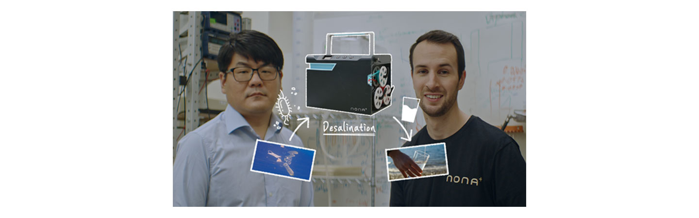Junghyo Yoon, an inventor from NONA Technologies, and CEO Bruce Crawford explaining the process of desalination.