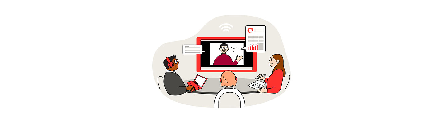 An illustration of three people sitting and listening to an online lecture