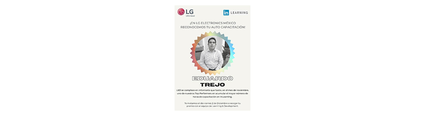 An illustration with the image of the most active employee, Eduardo Trejo, in Mexico with Spanish text around it