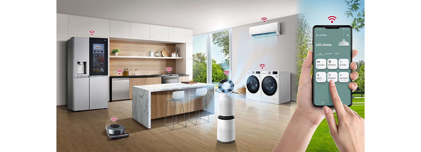 Image with a kitchen decorated with various LG products on the right and a person touching a smartphone displaying LG ThinQ app on the right