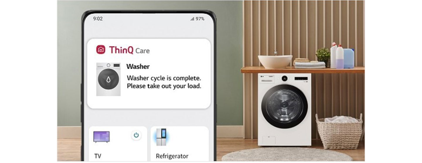An image with a smartphone displaying ThinQ app on the left and LG washer placed in the laundry room on the right