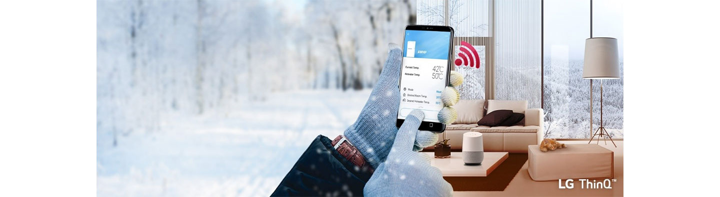 (from left to right) photo of a snowing forest, a person activating LG ThinQ app with his/her smartphone with gloves on and a photo of a luxurious living room where LG appliances are controlled by LG ThinQ app