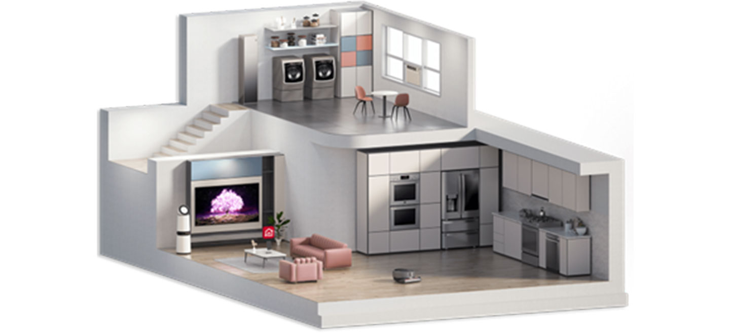 Virtual image of a two-story house fully equipped with various LG products such as a refrigerator, a washer, a dryer, a PuriCare air purifier and more